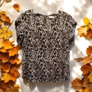 Chico's Sz 3(16/18) Animal Leopard Print‎ Top Brown Beige Exposed Zipper SSleeve